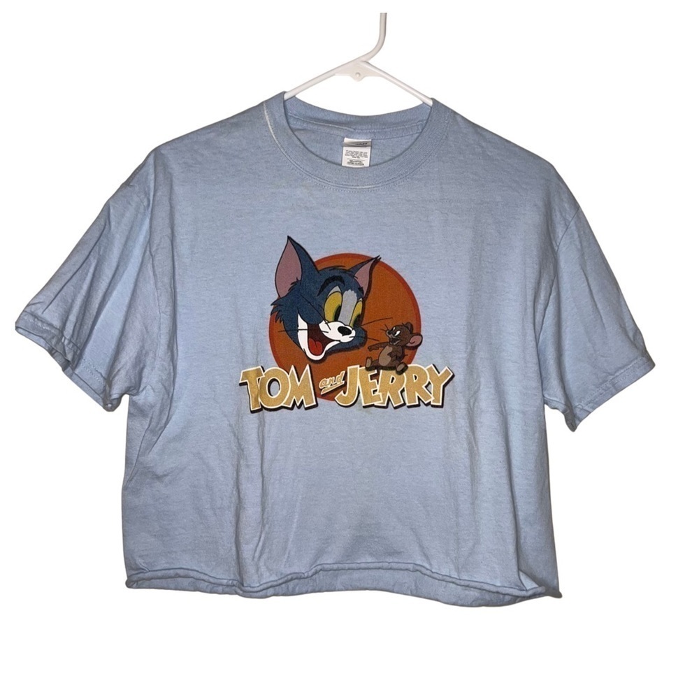 Tom and Jerry Blue Cropped Cotton T-shirt Size Medium